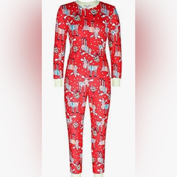 Moose Holiday Back PJ’s “Meet Me Under The Mooseltoe” Onsie Pajama  Red - Picture 2 of 12